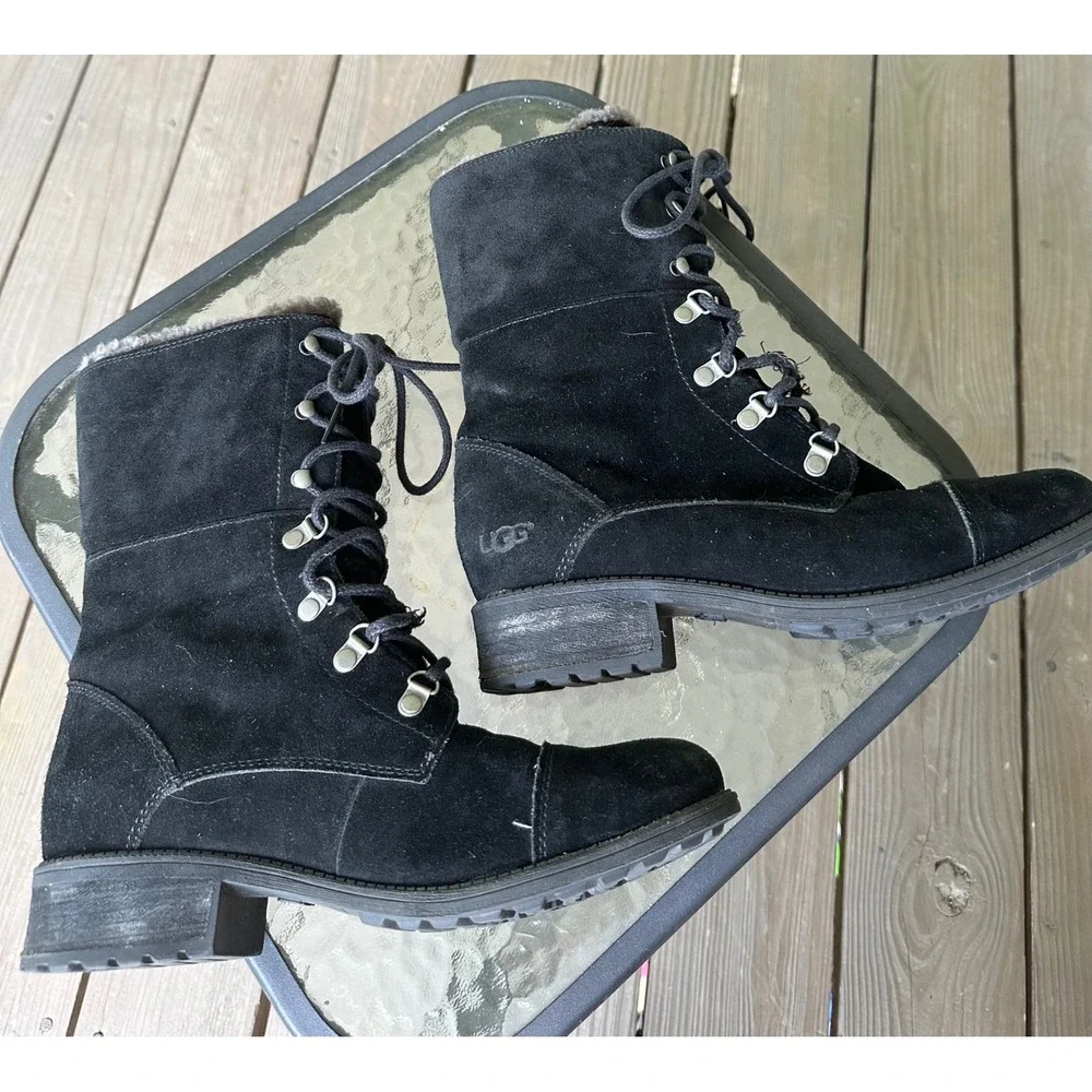 UGG Black Suede Leather Lace Up‎ Shearling Lined Winter Boots Women's Size 10